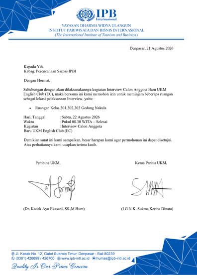 UKM English Club room permit letter