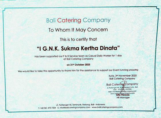 Appreciation letter from Bali Catering Company, dated 3 November 2025