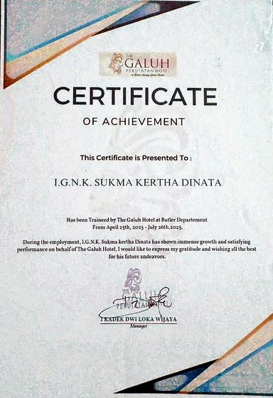 Certificate of Achievement from The Galuh Pekutatan Hotel, Butler Department