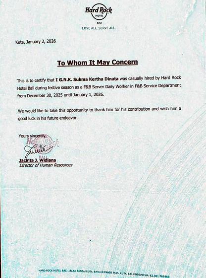 Certification letter from Hard Rock Hotel Bali, dated 2 January 2026